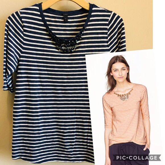 J. Crew Jeweled Painter T-Shirt in Navy Stripes Women's Size Small 100% Cotton - Picture 1 of 6